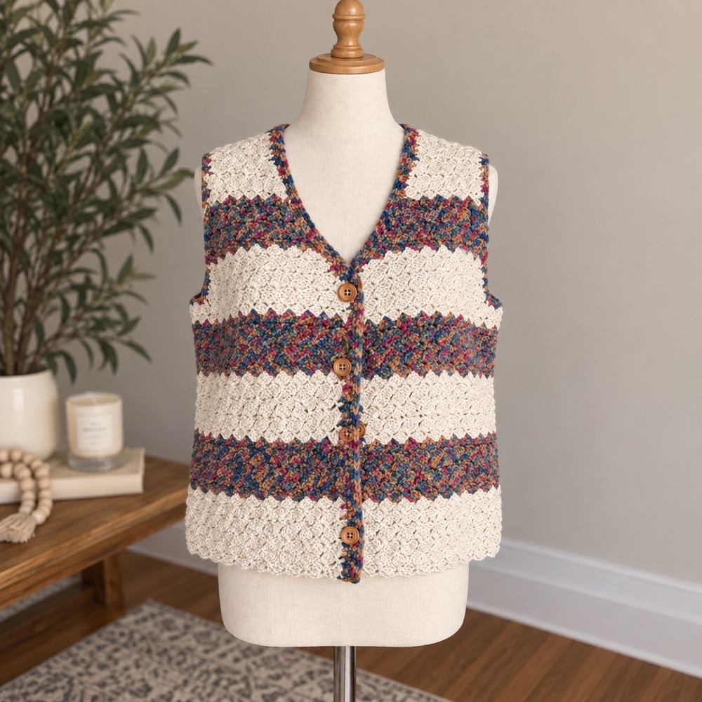 Handmade Crochet Sweater Vest Cream Multi Color Striped V-Neck Button Front Boho